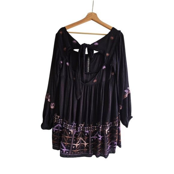 Vintage Free People Rhiannon Black Boho Tunic Mini Dress Size Small - Picture 2 of 11